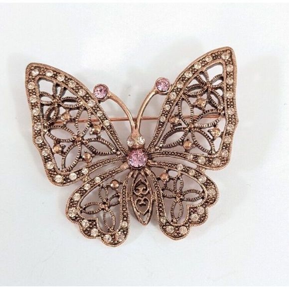 Butterfly Shaped Copper Toned Butterfly Brooch Pink And White Rhinestones - Picture 1 of 6
